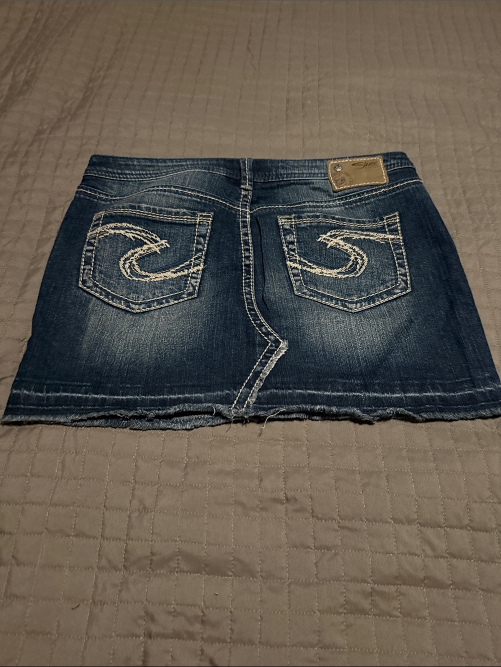 Silver Dark Blue Denim Mini Skirt with Contrast Stitching